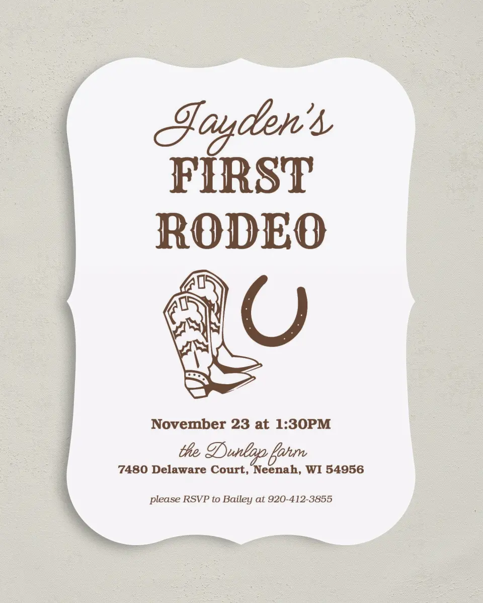 This is a 5" x 7" Birthday Party Invitation called First Rodeo printed in full color with Gold foil on Luxe Satin (coated) paper