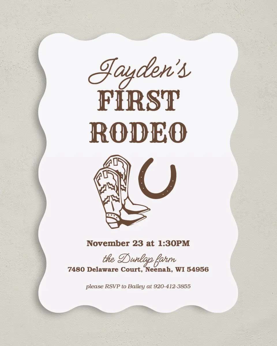 This is a 5" x 7" Birthday Party Invitation called First Rodeo printed in full color on Premium Smooth paper