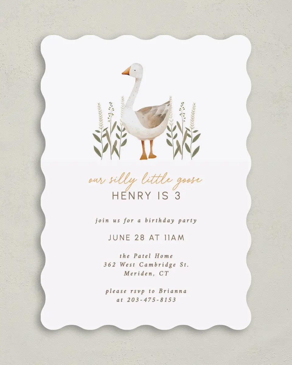 This is a 5" x 7" Birthday Party Invitation called Silly Goose printed in full color on Premium Smooth paper