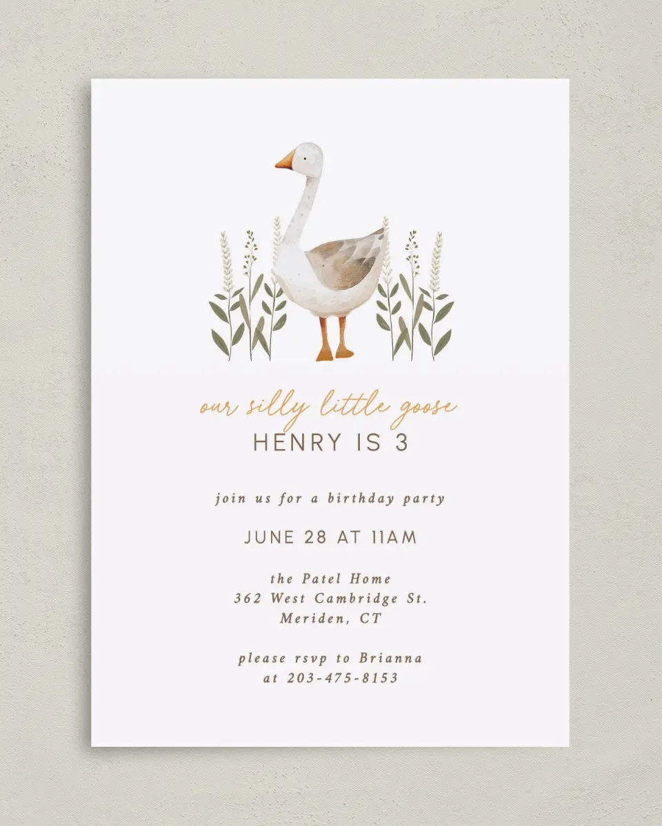 This is a 5" x 7" Birthday Party Invitation called Silly Goose printed in full color on Premium Smooth paper