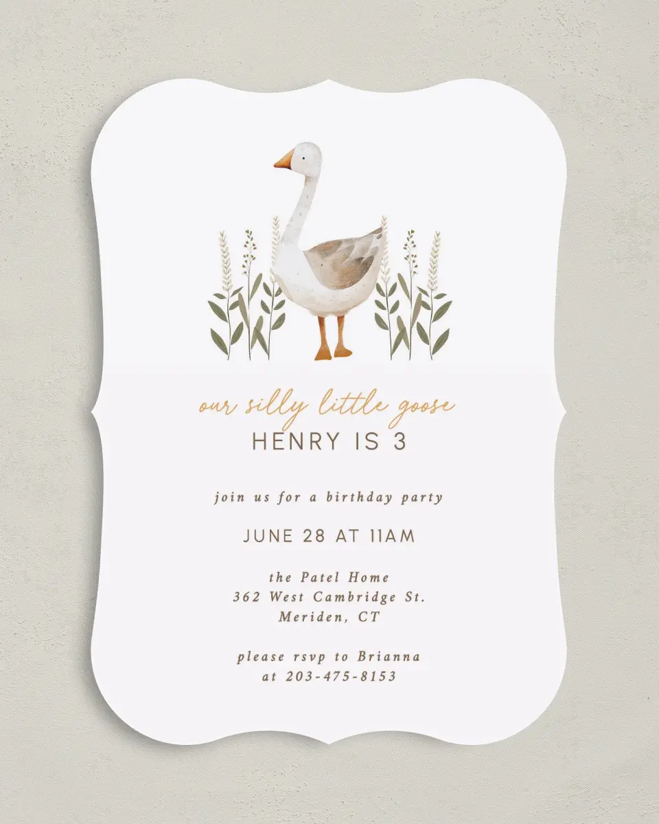 This is a 5" x 7" Birthday Party Invitation called Silly Goose printed in full color with Gold foil on Luxe Satin (coated) paper
