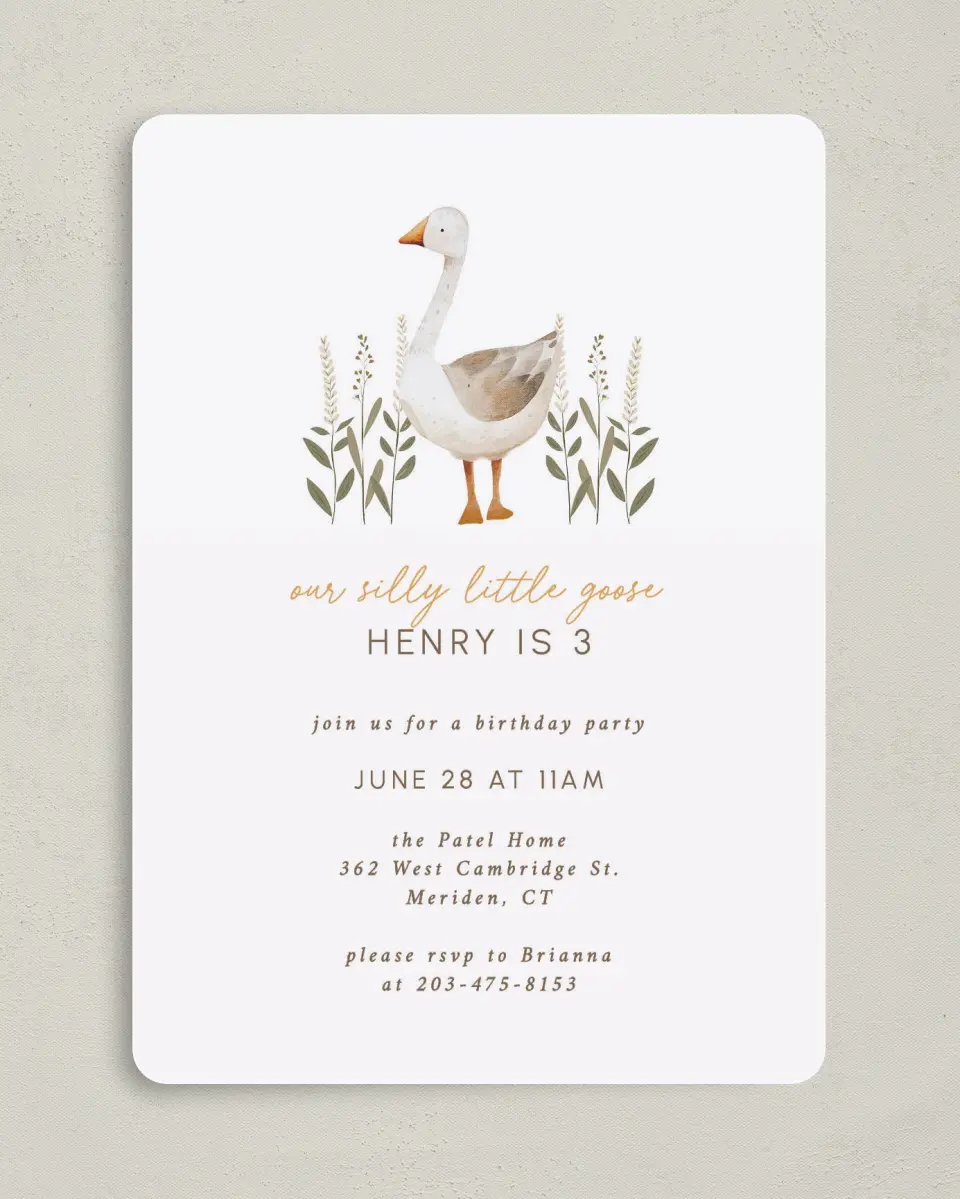 This is a 5" x 7" Birthday Party Invitation called Silly Goose printed in full color on Premium Smooth paper