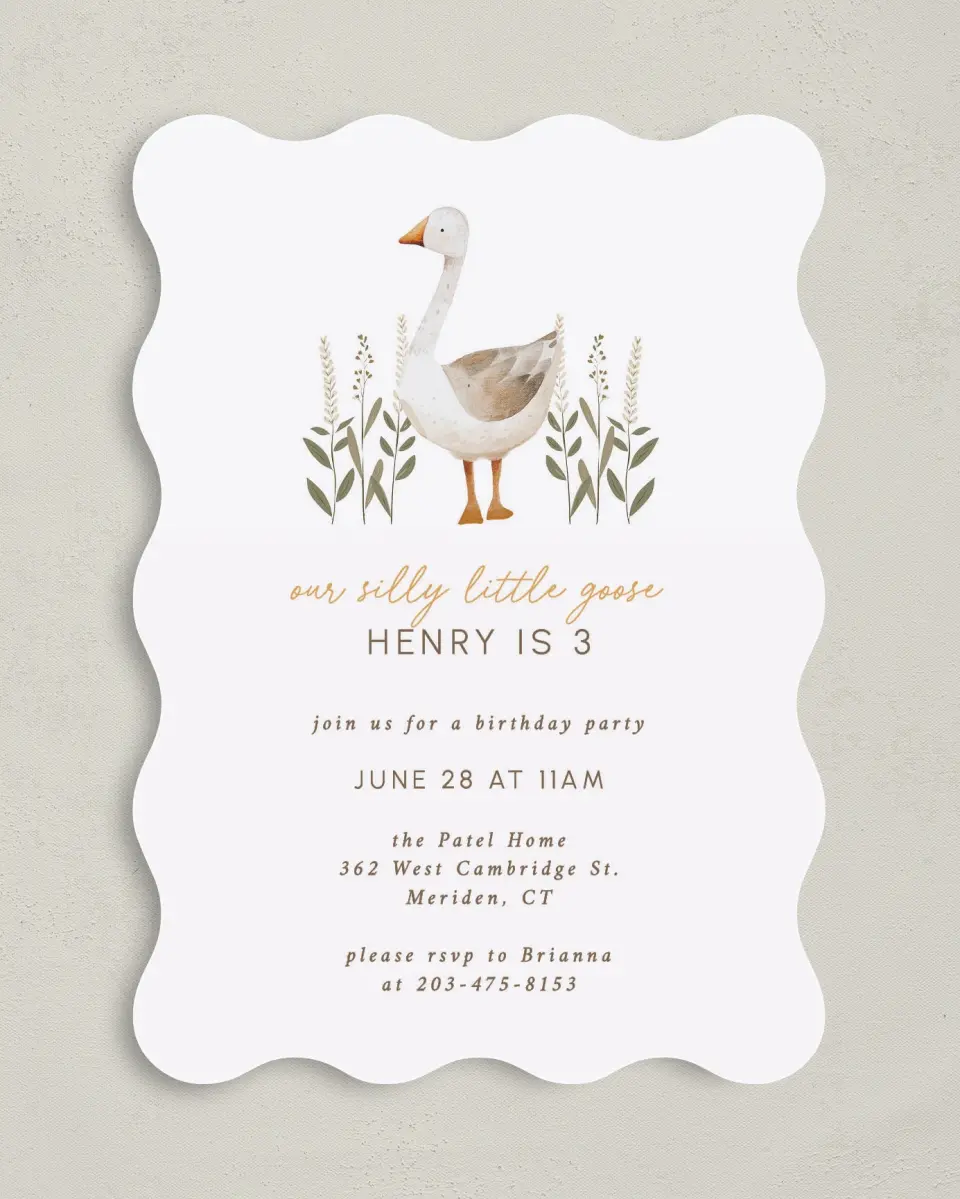 This is a 5" x 7" Birthday Party Invitation called Silly Goose printed in full color on Premium Smooth paper