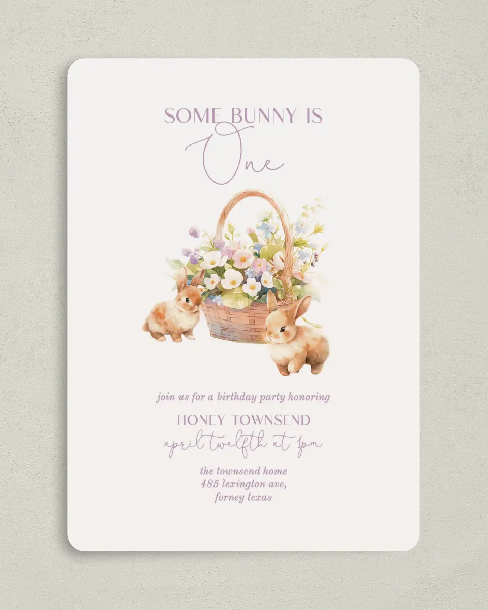 This is a 5" x 7" Birthday Party Invitation called Some Bunny printed in full color with Gold foil on Luxe Satin (coated) paper