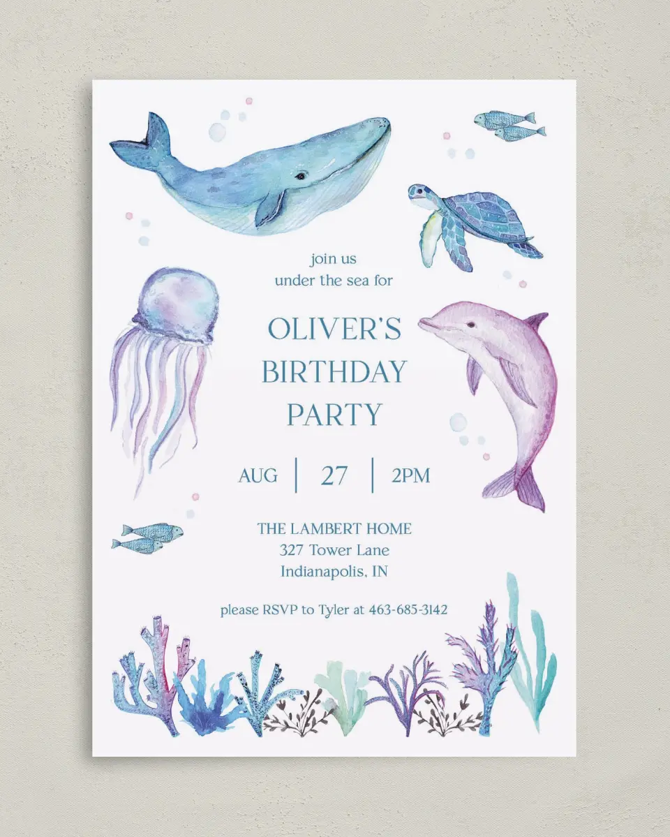 This is a 5" x 7" Birthday Party Invitation called Deep Sea printed in full color on Premium Smooth paper