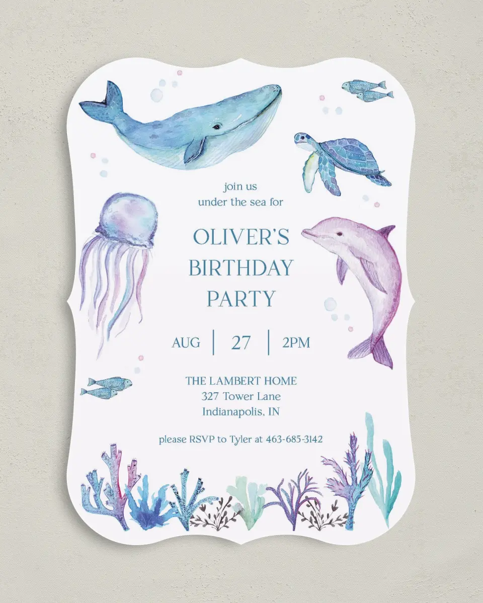 This is a 5" x 7" Birthday Party Invitation called Deep Sea printed in full color with Gold foil on Luxe Satin (coated) paper