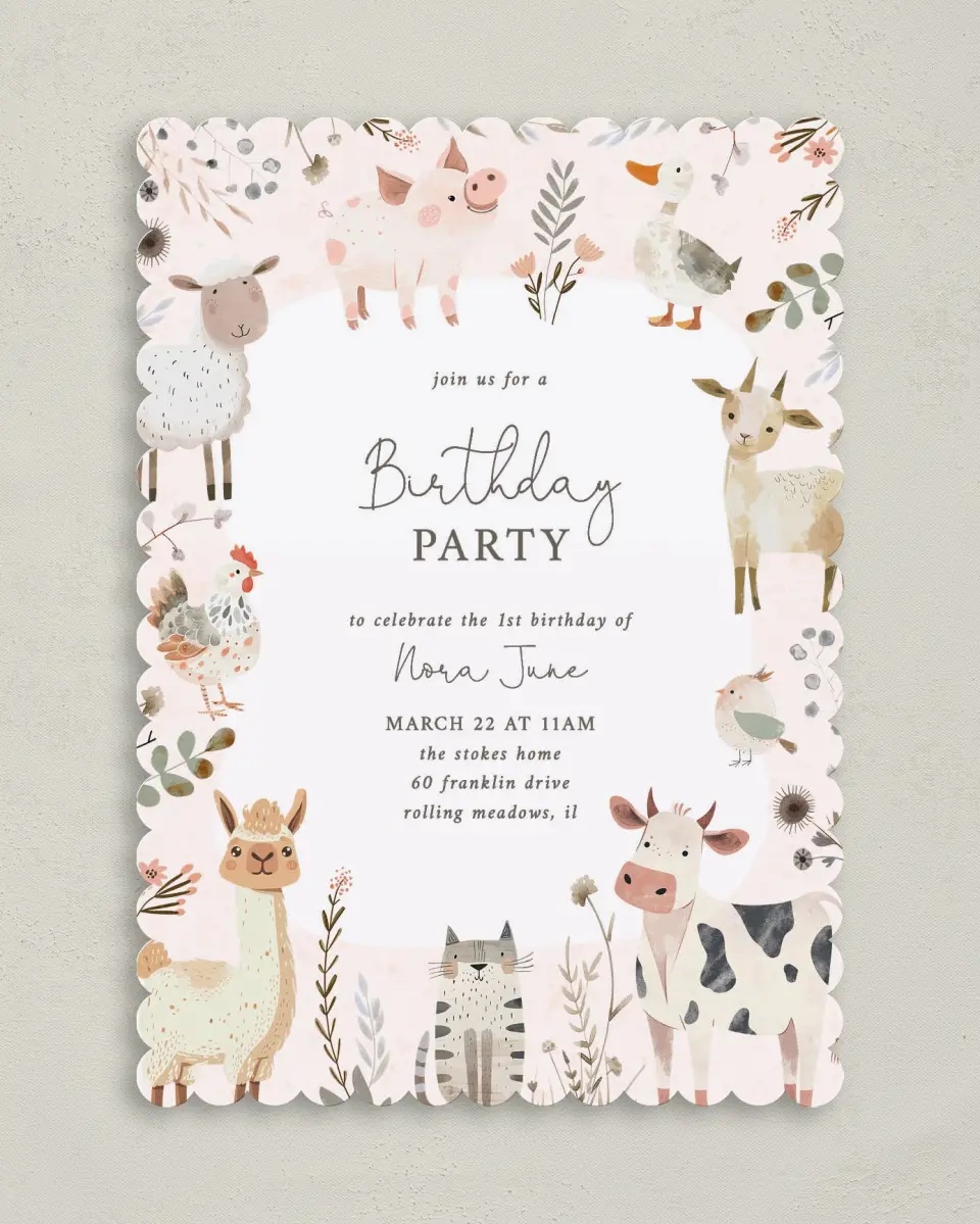 This is a 5" x 7" Birthday Party Invitation called Farm Friends printed in full color on Premium Smooth paper
