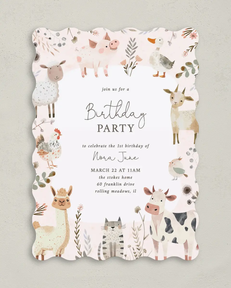 This is a 5" x 7" Birthday Party Invitation called Farm Friends printed in full color on Premium Smooth paper