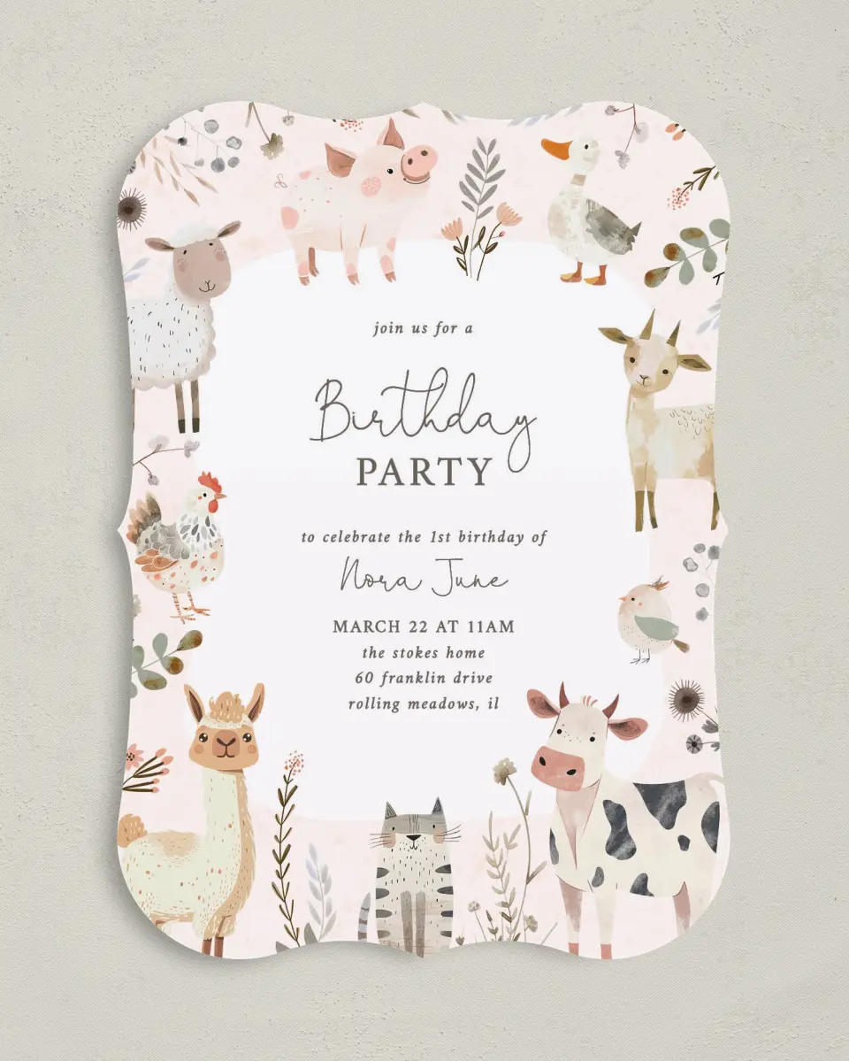 This is a 5" x 7" Birthday Party Invitation called Farm Friends printed in full color with Gold foil on Luxe Satin (coated) paper