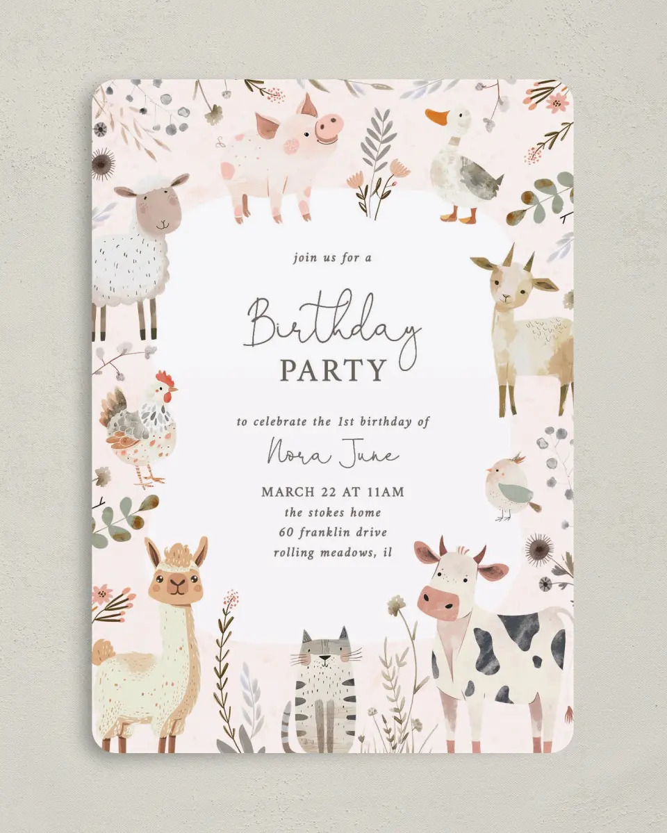 This is a 5" x 7" Birthday Party Invitation called Farm Friends printed in full color with Gold foil on Luxe Satin (coated) paper