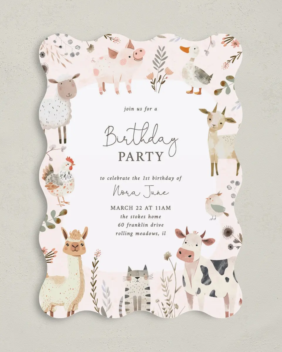 This is a 5" x 7" Birthday Party Invitation called Farm Friends printed in full color on Premium Smooth paper