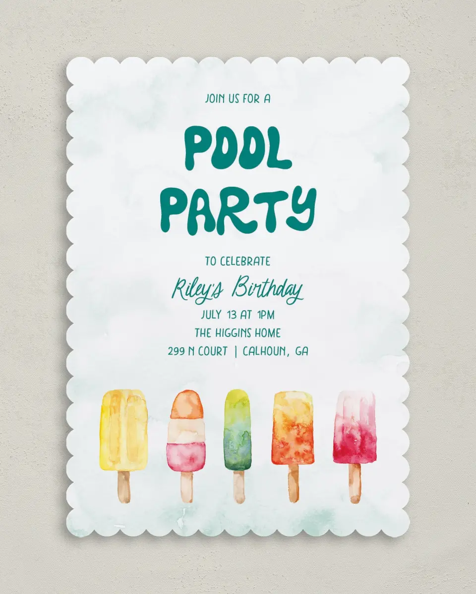This is a 5" x 7" Birthday Party Invitation called Poolside Popsicles printed in full color on Premium Smooth paper