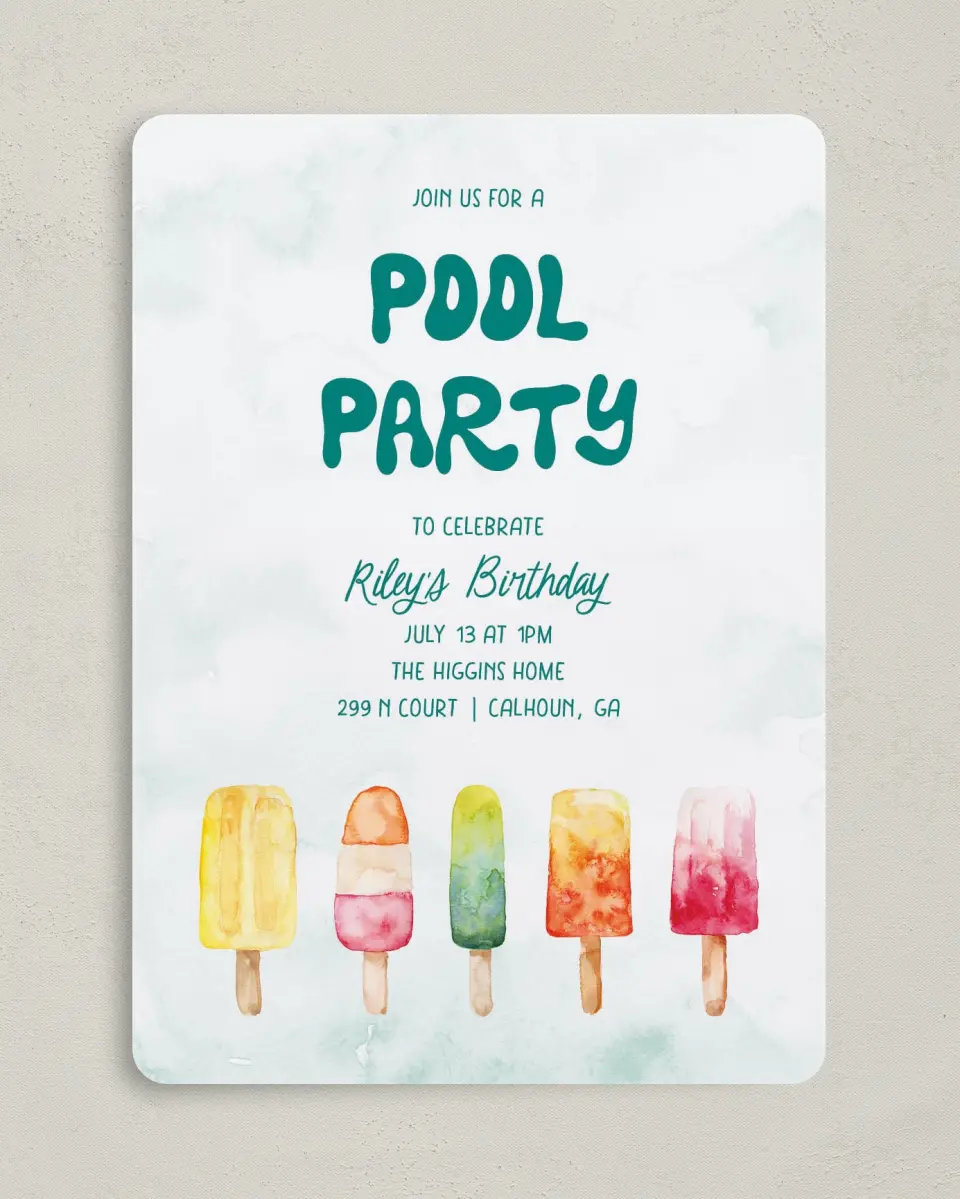 This is a 5" x 7" Birthday Party Invitation called Poolside Popsicles printed in full color with Gold foil on Luxe Satin (coated) paper