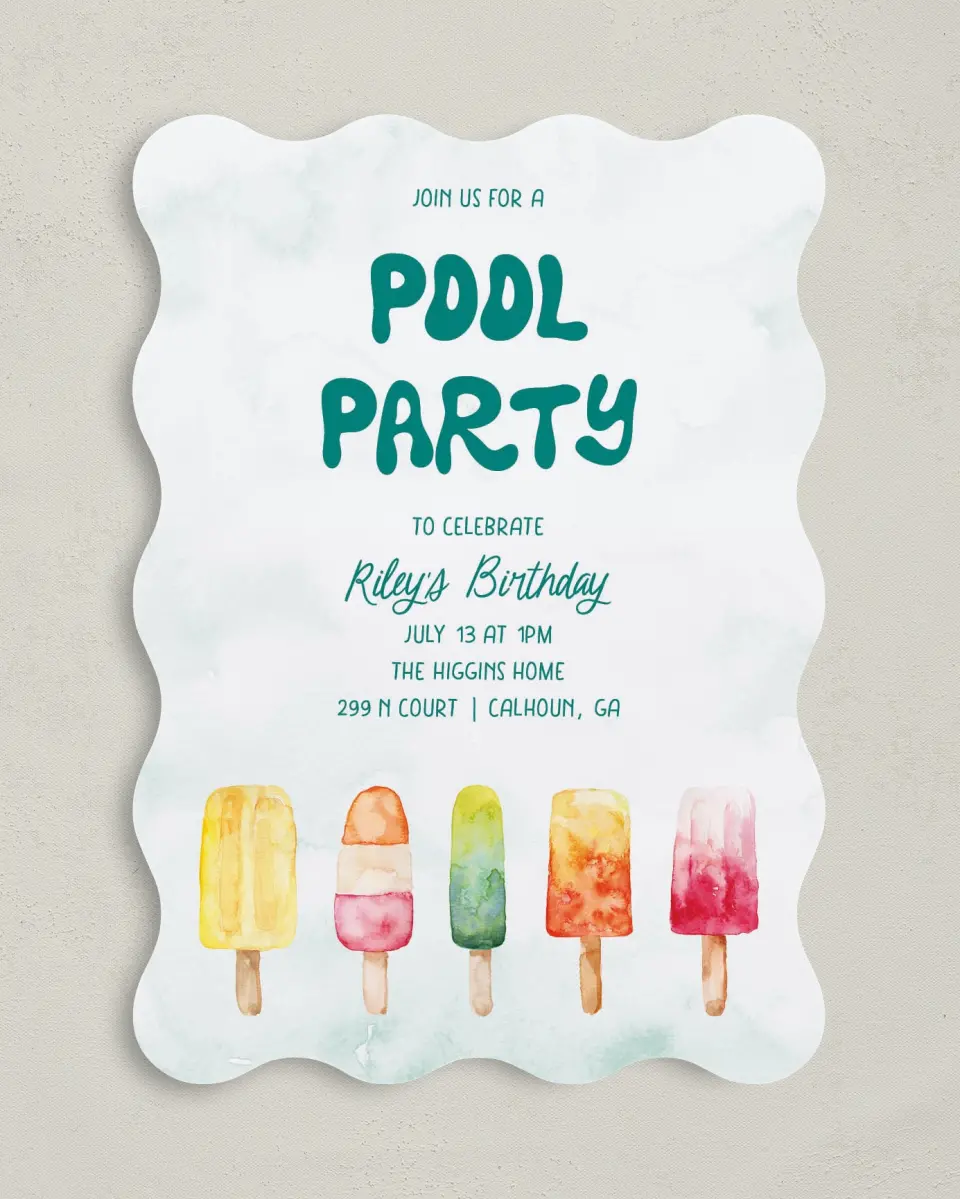 This is a 5" x 7" Birthday Party Invitation called Poolside Popsicles printed in full color on Premium Smooth paper