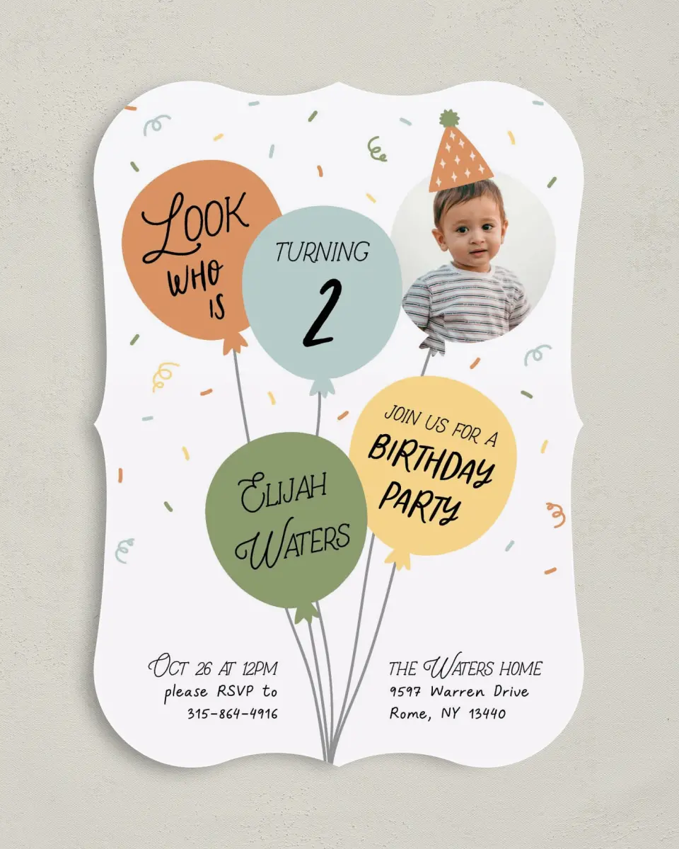 This is a 5" x 7" Birthday Party Invitation called Birthday Blast printed in full color with Gold foil on Luxe Satin (coated) paper
