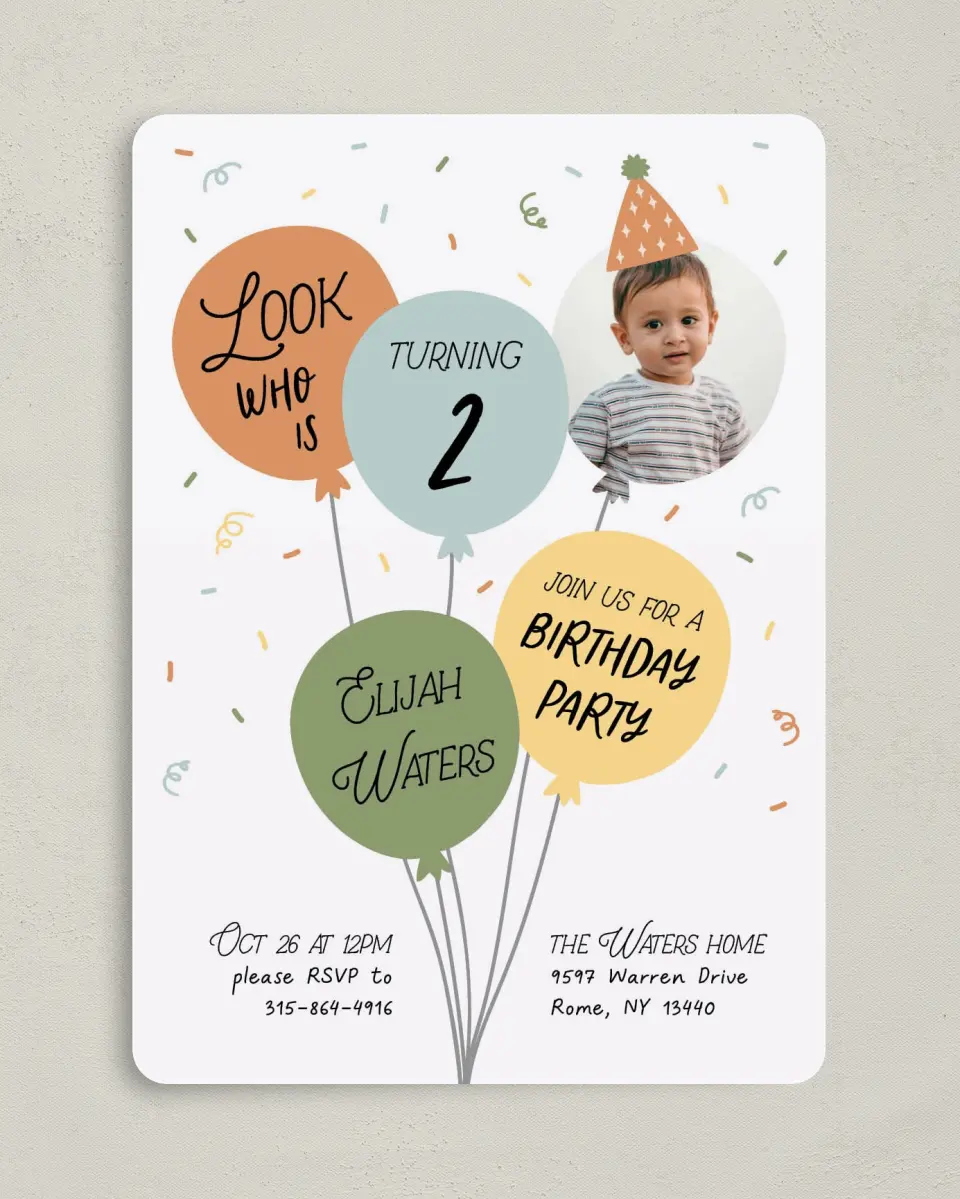 This is a 5" x 7" Birthday Party Invitation called Birthday Blast printed in full color with Gold foil on Luxe Satin (coated) paper