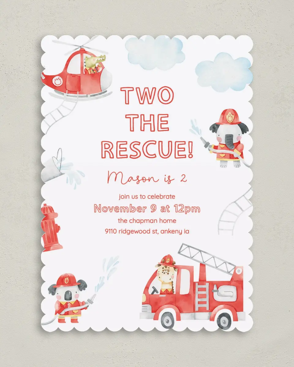 This is a 5" x 7" Birthday Party Invitation called Two the Rescue printed in full color on Premium Smooth paper