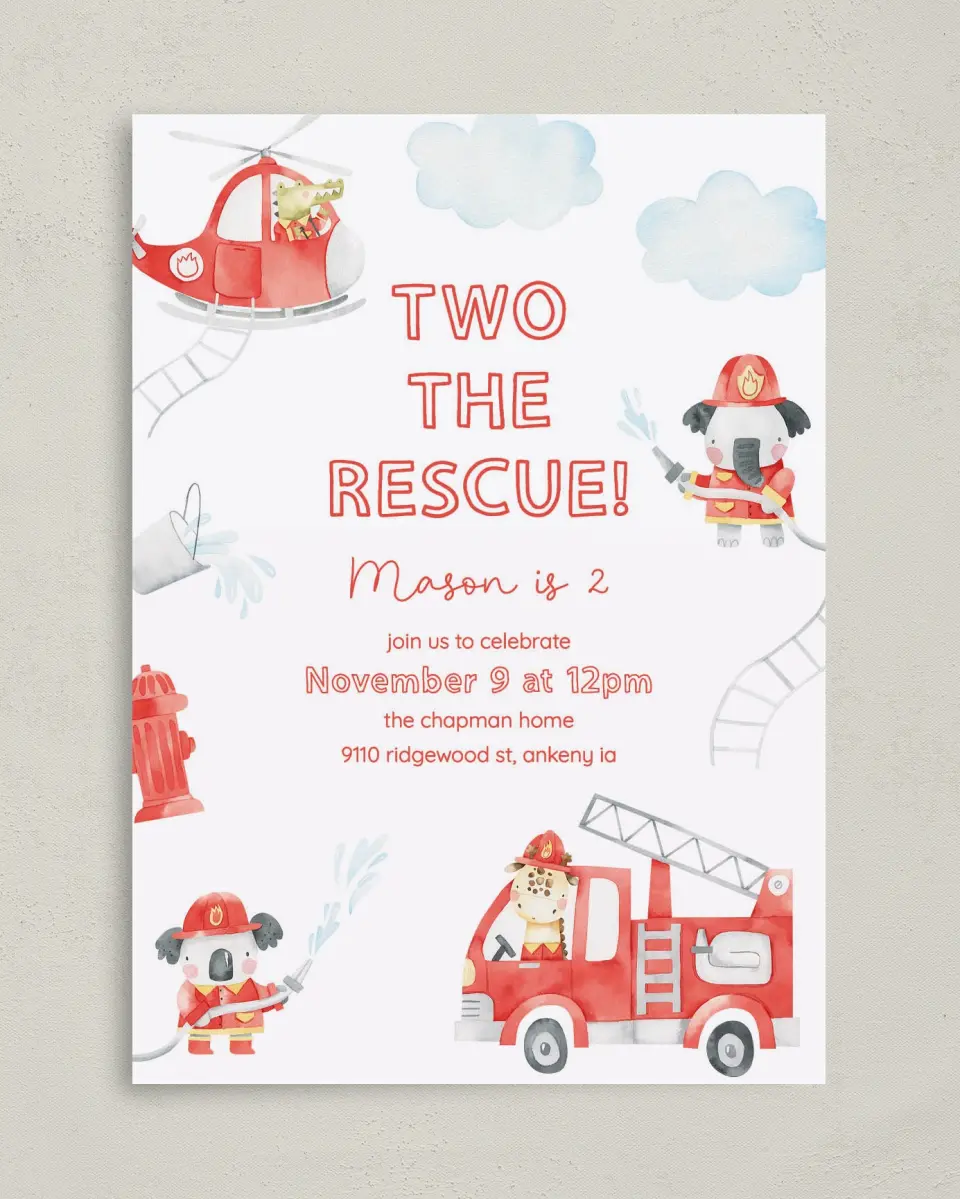 This is a 5" x 7" Birthday Party Invitation called Two the Rescue printed in full color on Premium Smooth paper