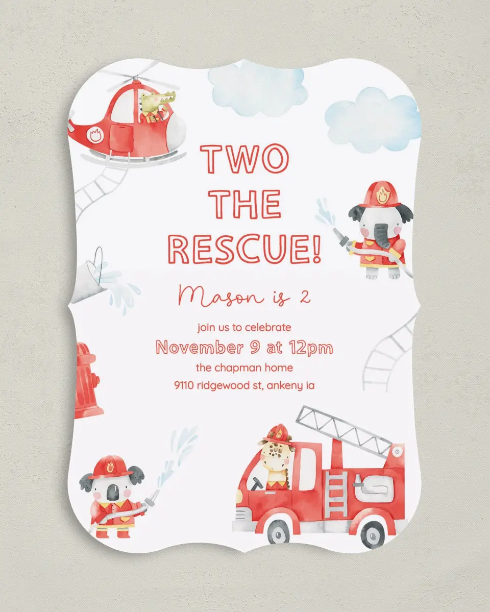 This is a 5" x 7" Birthday Party Invitation called Two the Rescue printed in full color with Gold foil on Luxe Satin (coated) paper