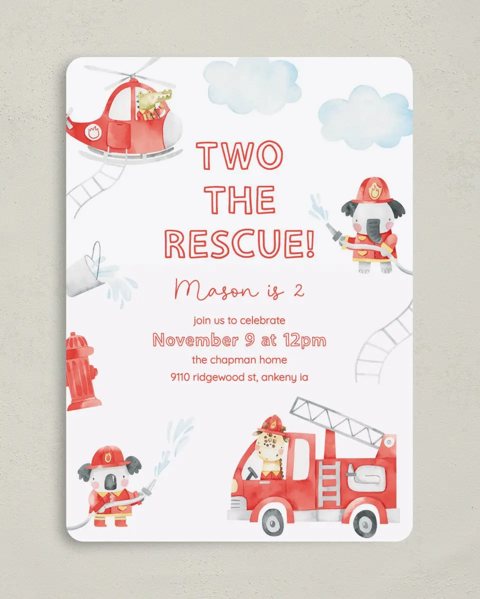 This is a 5" x 7" Birthday Party Invitation called Two the Rescue printed in full color with Gold foil on Luxe Satin (coated) paper
