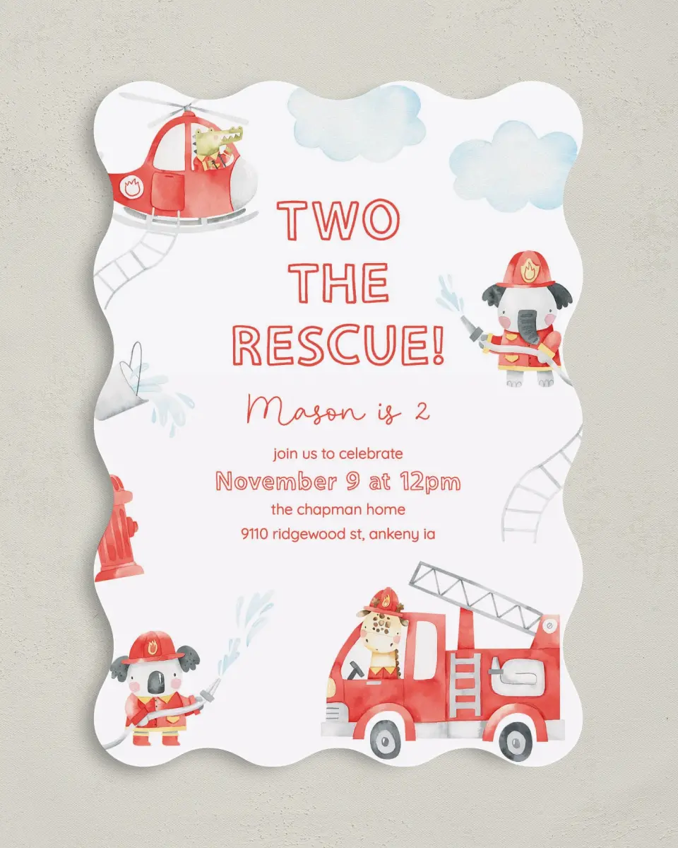 This is a 5" x 7" Birthday Party Invitation called Two the Rescue printed in full color on Premium Smooth paper
