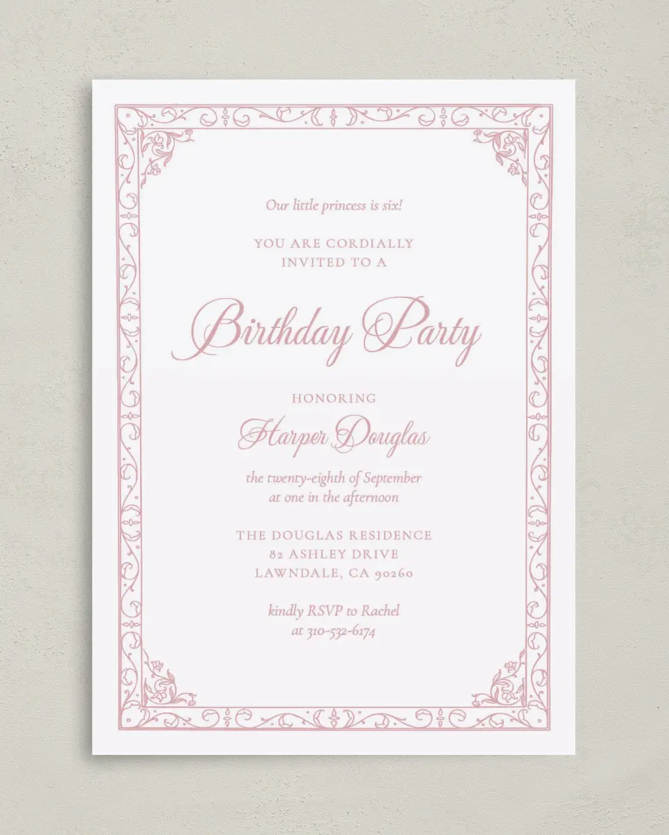 This is a 5" x 7" Birthday Party Invitation called Princess Elegance printed in full color on Premium Smooth paper