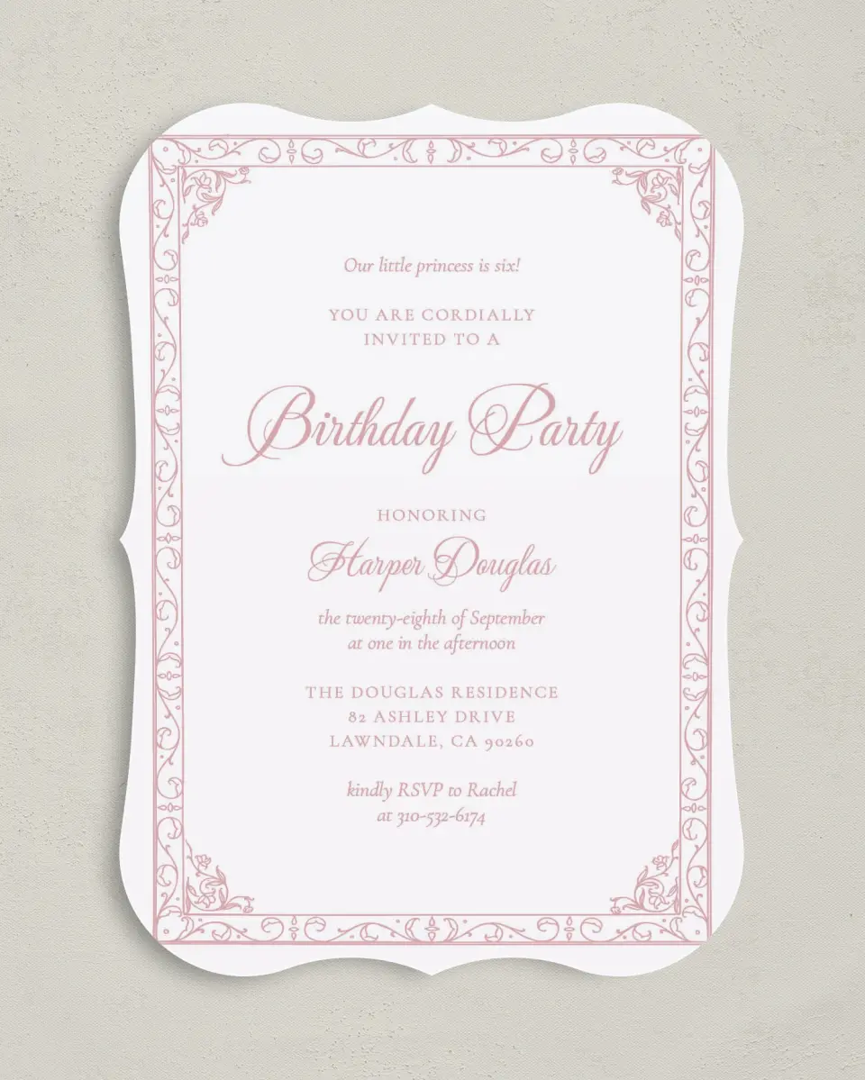 This is a 5" x 7" Birthday Party Invitation called Princess Elegance printed in full color with Gold foil on Luxe Satin (coated) paper