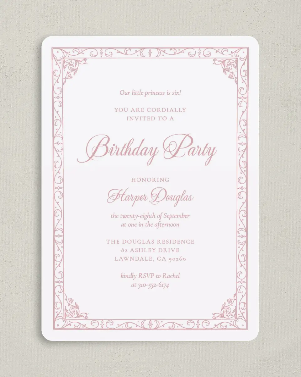 This is a 5" x 7" Birthday Party Invitation called Princess Elegance printed in full color with Gold foil on Luxe Satin (coated) paper