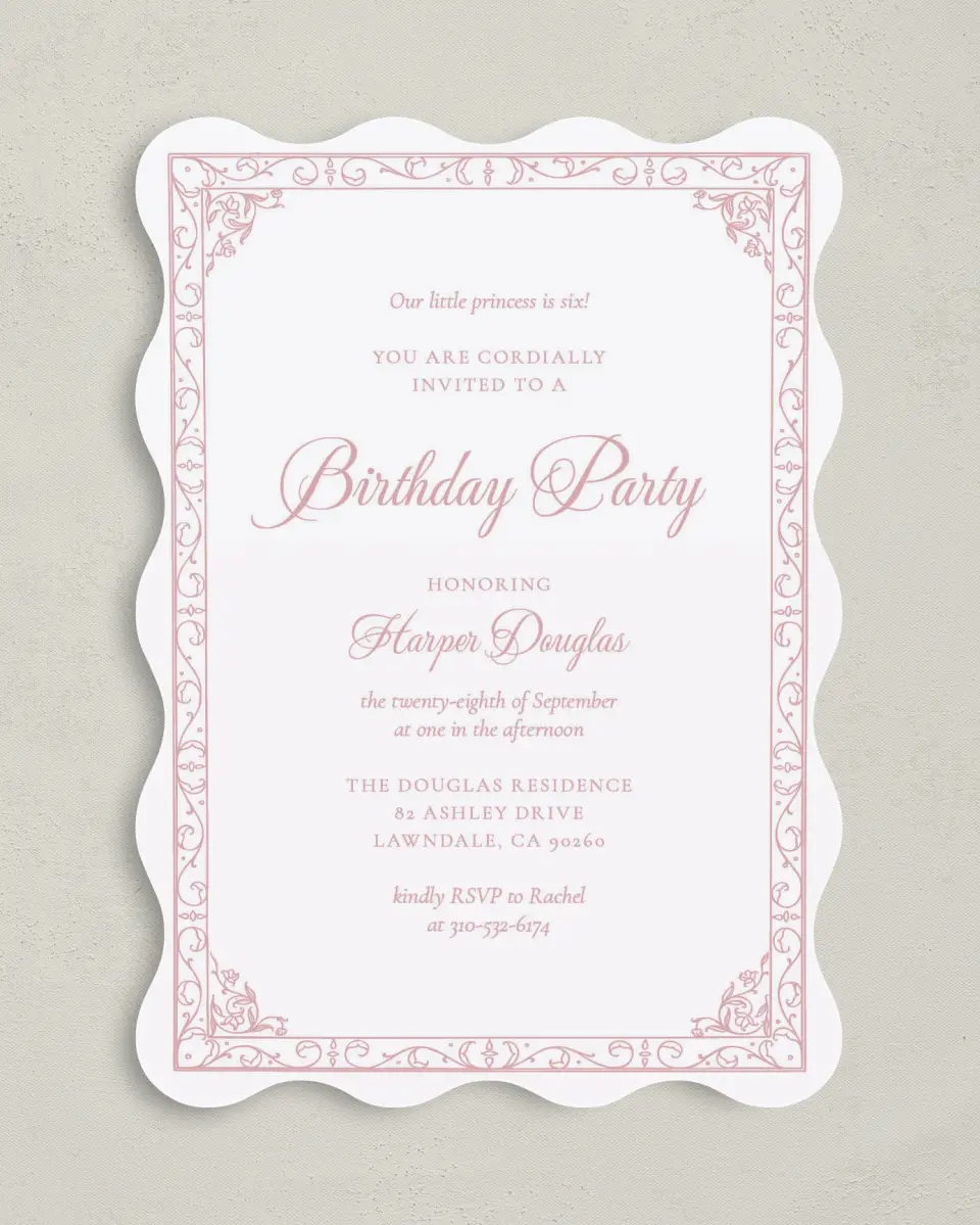This is a 5" x 7" Birthday Party Invitation called Princess Elegance printed in full color on Premium Smooth paper