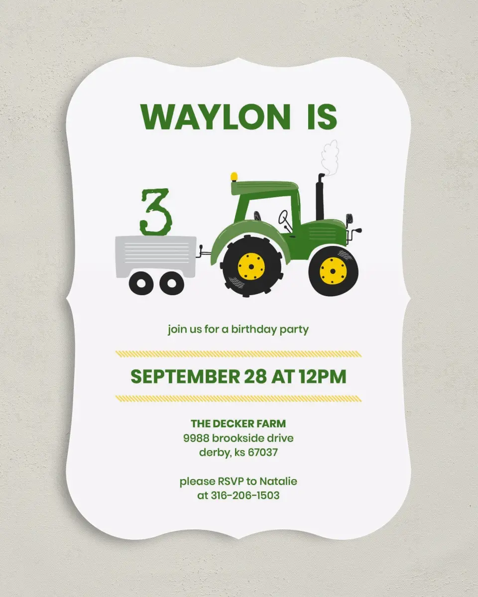 This is a 5" x 7" Birthday Party Invitation called Tractor Trek printed in full color with Gold foil on Luxe Satin (coated) paper