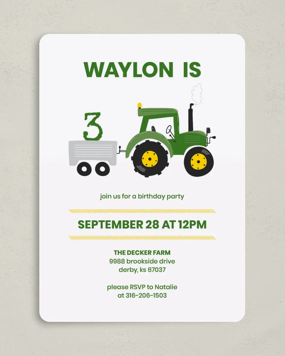 This is a 5" x 7" Birthday Party Invitation called Tractor Trek printed in full color on Premium Smooth paper