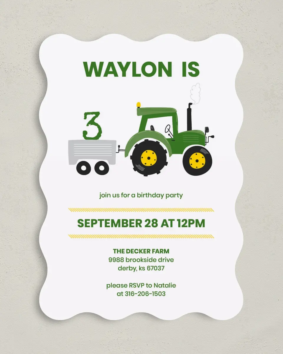 This is a 5" x 7" Birthday Party Invitation called Tractor Trek printed in full color on Premium Smooth paper
