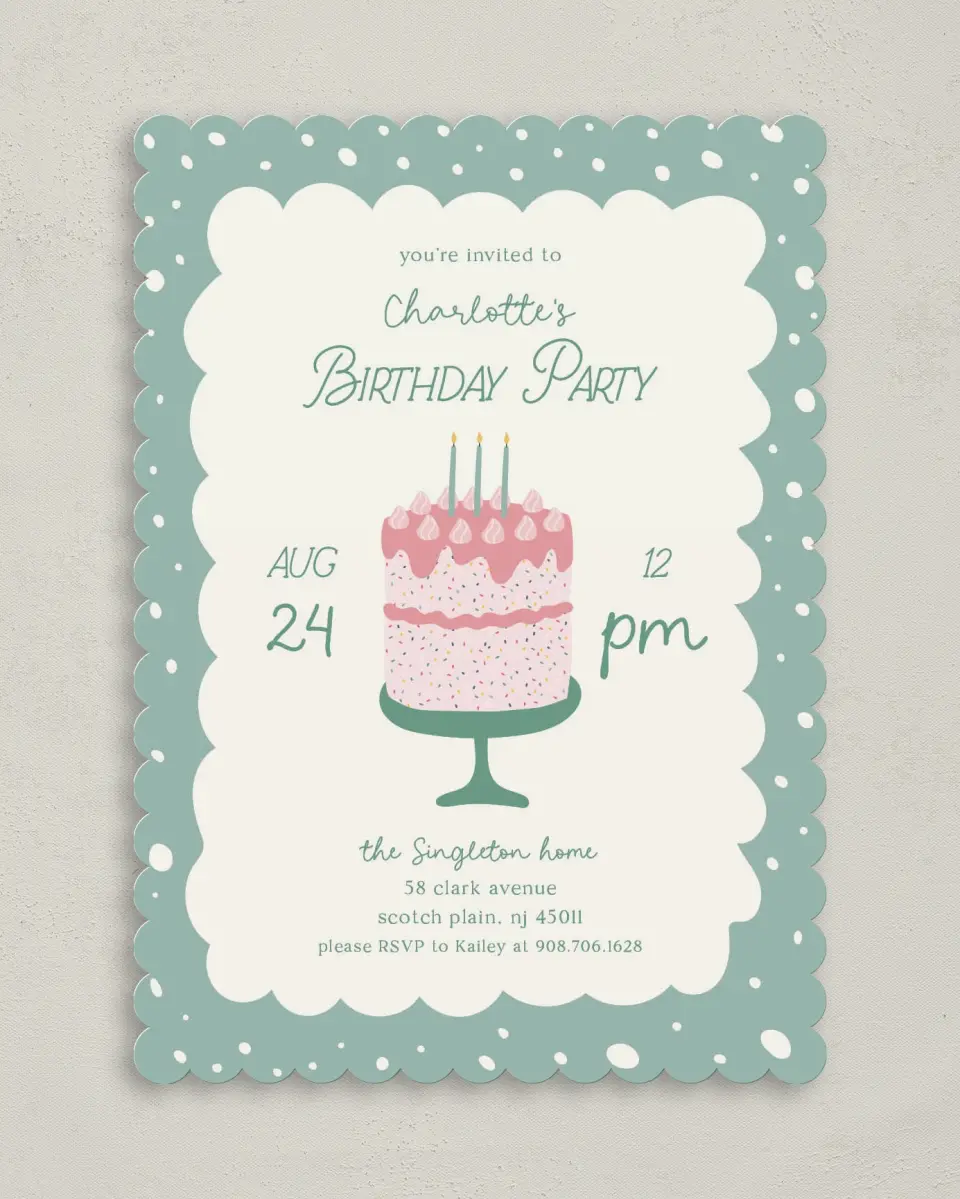 This is a 5" x 7" Birthday Party Invitation called Sweet Celebration printed in full color on Premium Smooth paper