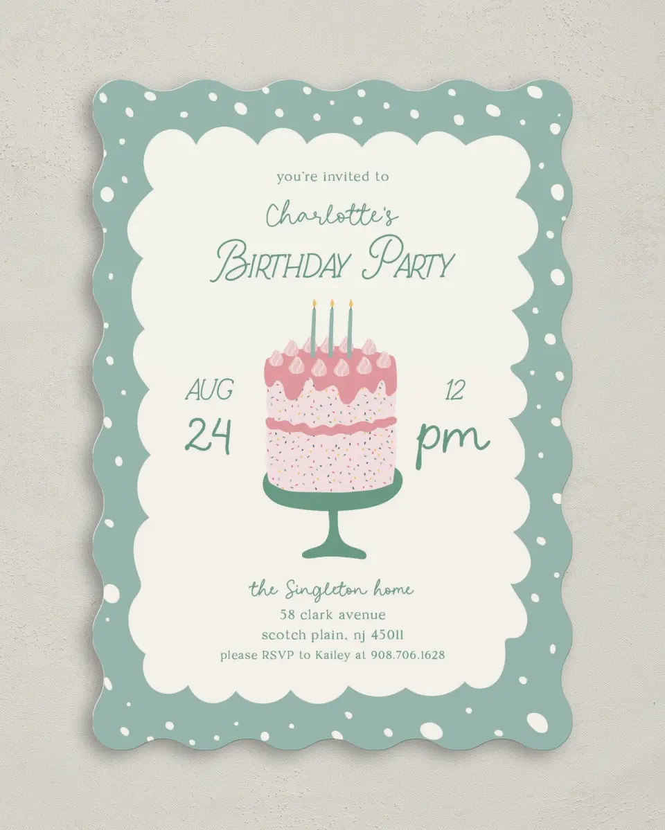 This is a 5" x 7" Birthday Party Invitation called Sweet Celebration printed in full color on Premium Smooth paper