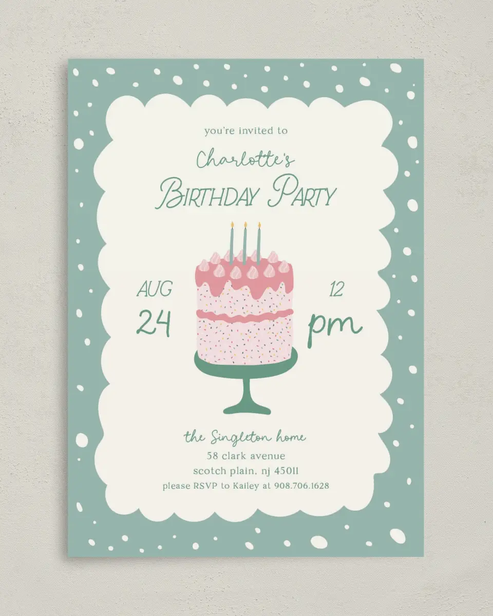 This is a 5" x 7" Birthday Party Invitation called Sweet Celebration printed in full color on Premium Smooth paper