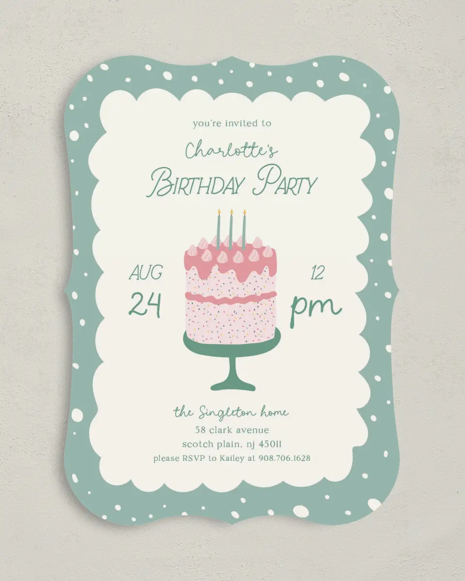 This is a 5" x 7" Birthday Party Invitation called Sweet Celebration printed in full color with Gold foil on Luxe Satin (coated) paper