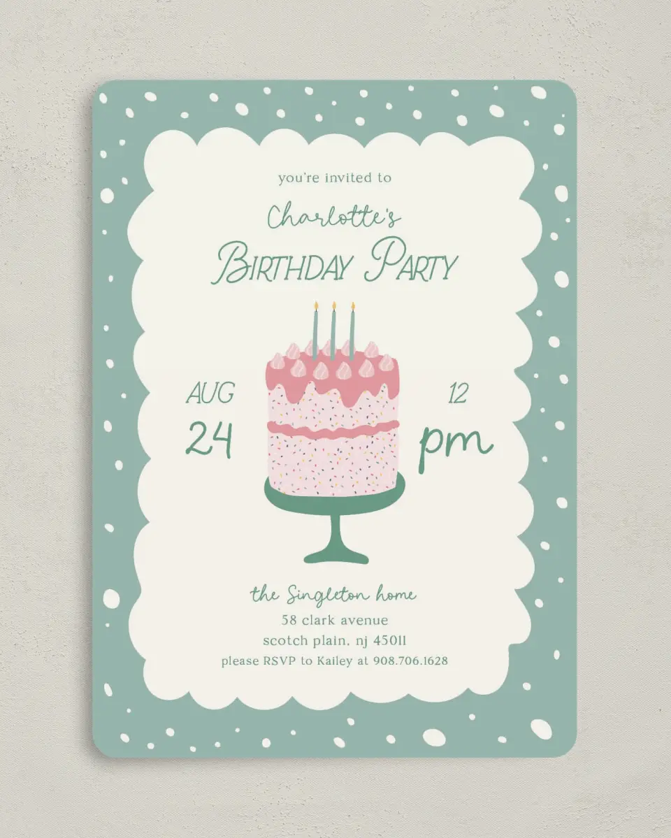 This is a 5" x 7" Birthday Party Invitation called Sweet Celebration printed in full color with Gold foil on Luxe Satin (coated) paper