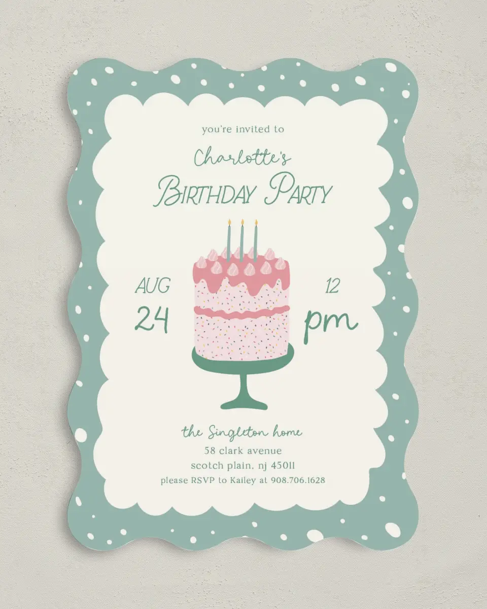 This is a 5" x 7" Birthday Party Invitation called Sweet Celebration printed in full color on Premium Smooth paper