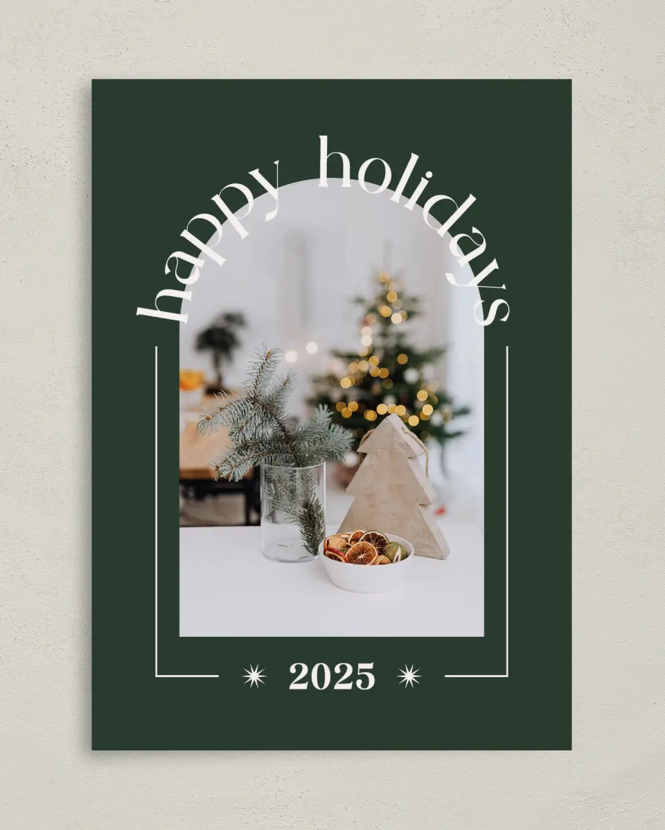 This is a 5" x 7" Christmas Card called Rustic Evergreen printed in full color with Rose Gold foil on Soft Suede (coated) paper