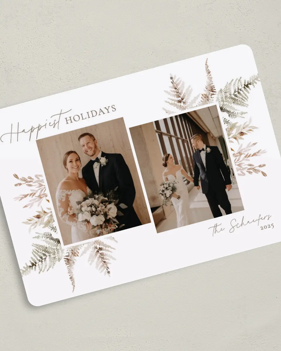 This is a 5" x 7" Christmas Card called Soft Serenity printed in full color with Rose Gold foil on Soft Suede (coated) paper