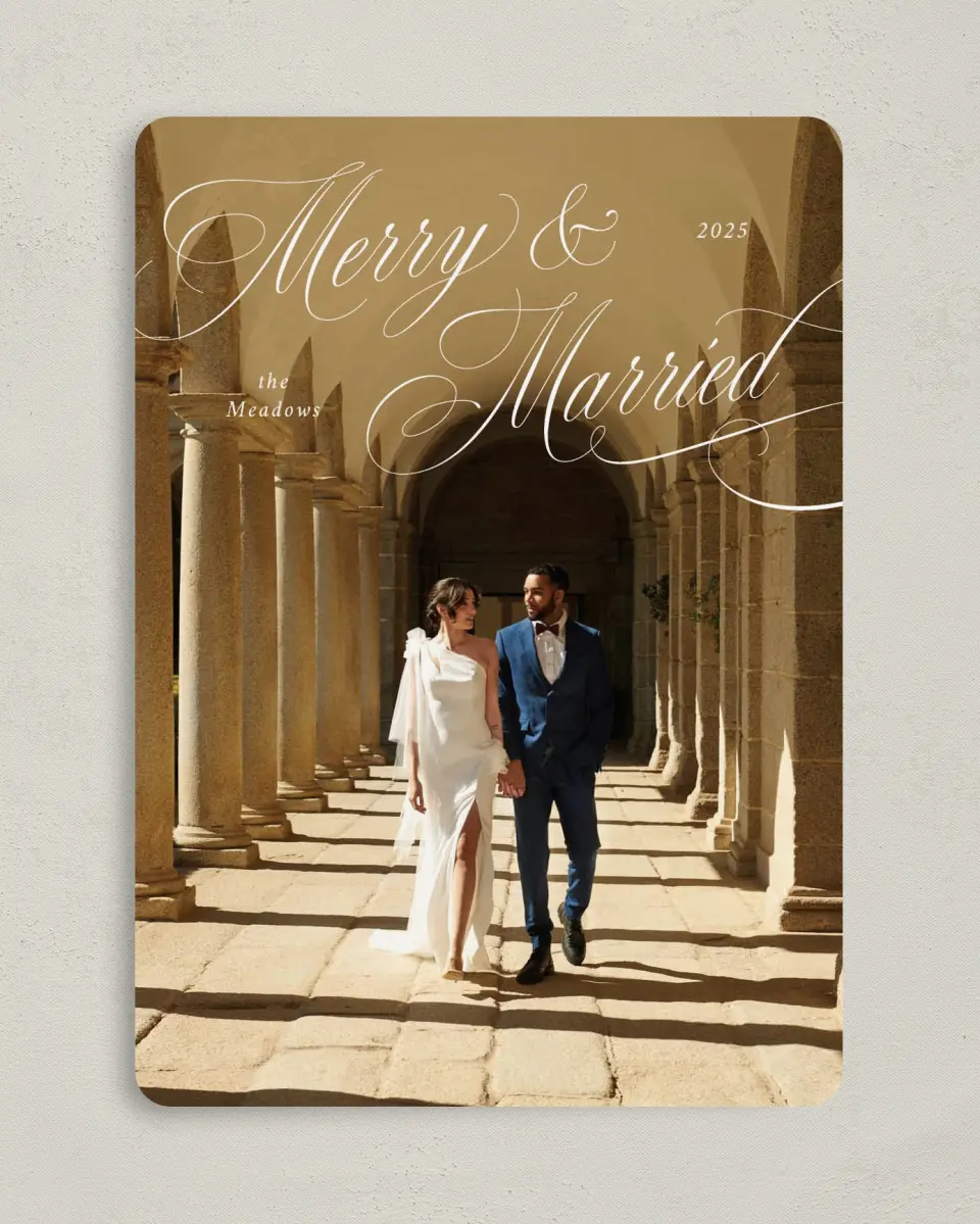 This is a 5" x 7" Christmas Card called Elegant Newlyweds printed in full color with Gold foil on Soft Suede (coated) paper