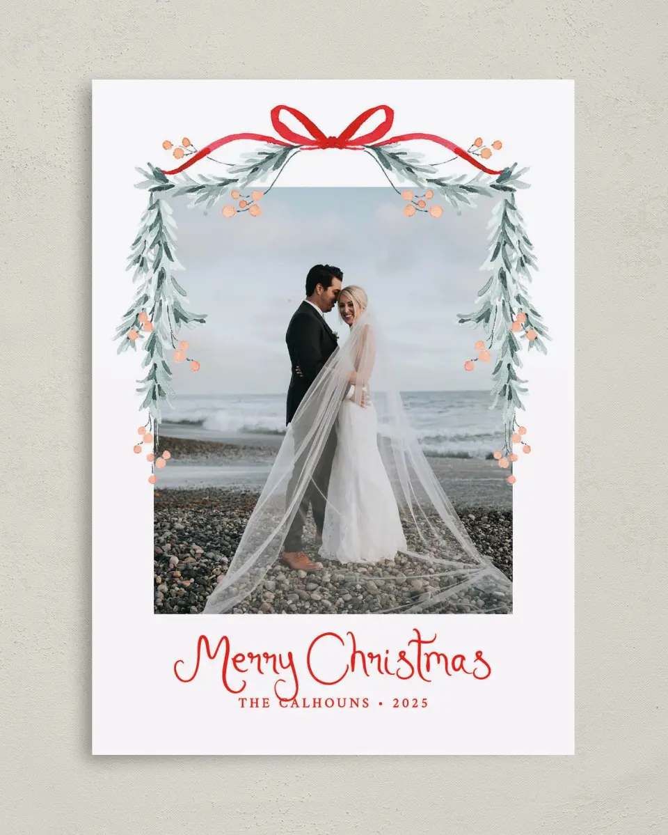 This is a 5" x 7" Christmas Card called Blushing Bow printed in full color on Premium Smooth paper