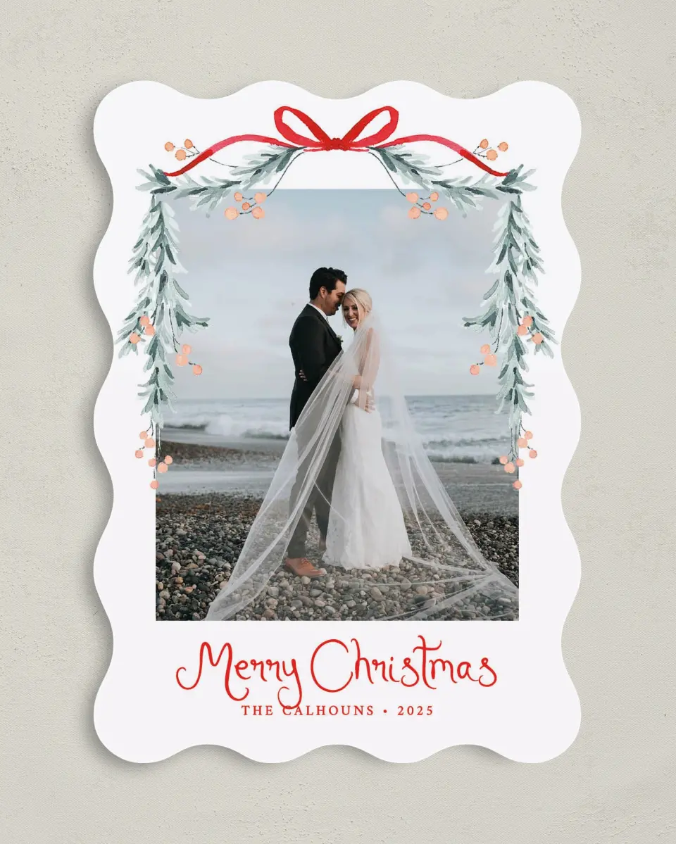 This is a 5" x 7" Christmas Card called Blushing Bow printed in full color on Premium Smooth paper