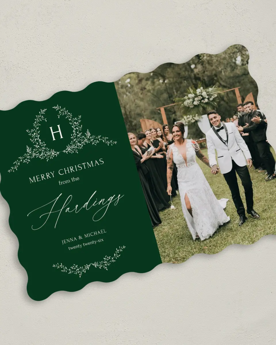 This is a 5" x 7" Christmas Card called Christmas Crest printed in full color with Silver foil on Soft Suede (coated) paper