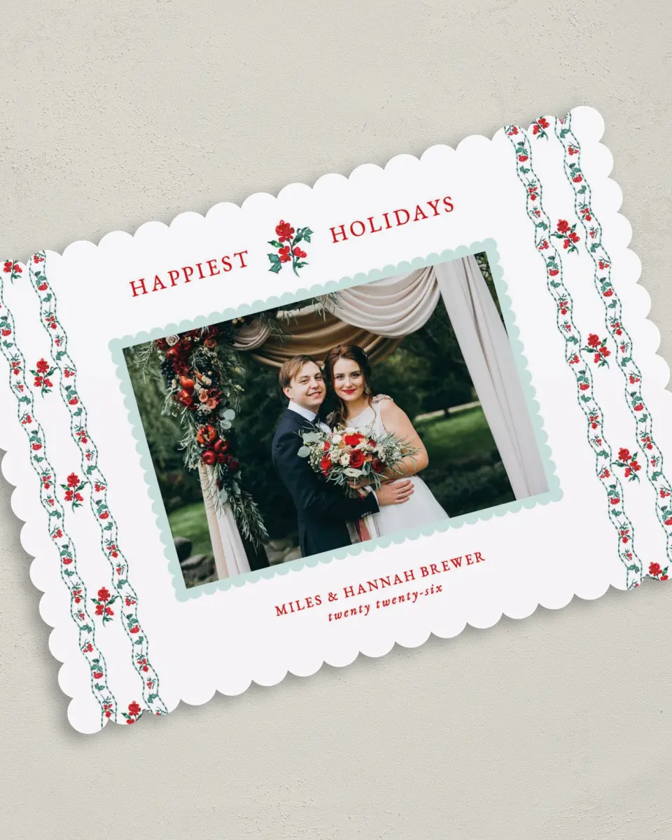 This is a 5" x 7" Christmas Card called Vintage Petals printed in full color on Premium Smooth paper on Premium Smooth paper on Premium Smooth paper