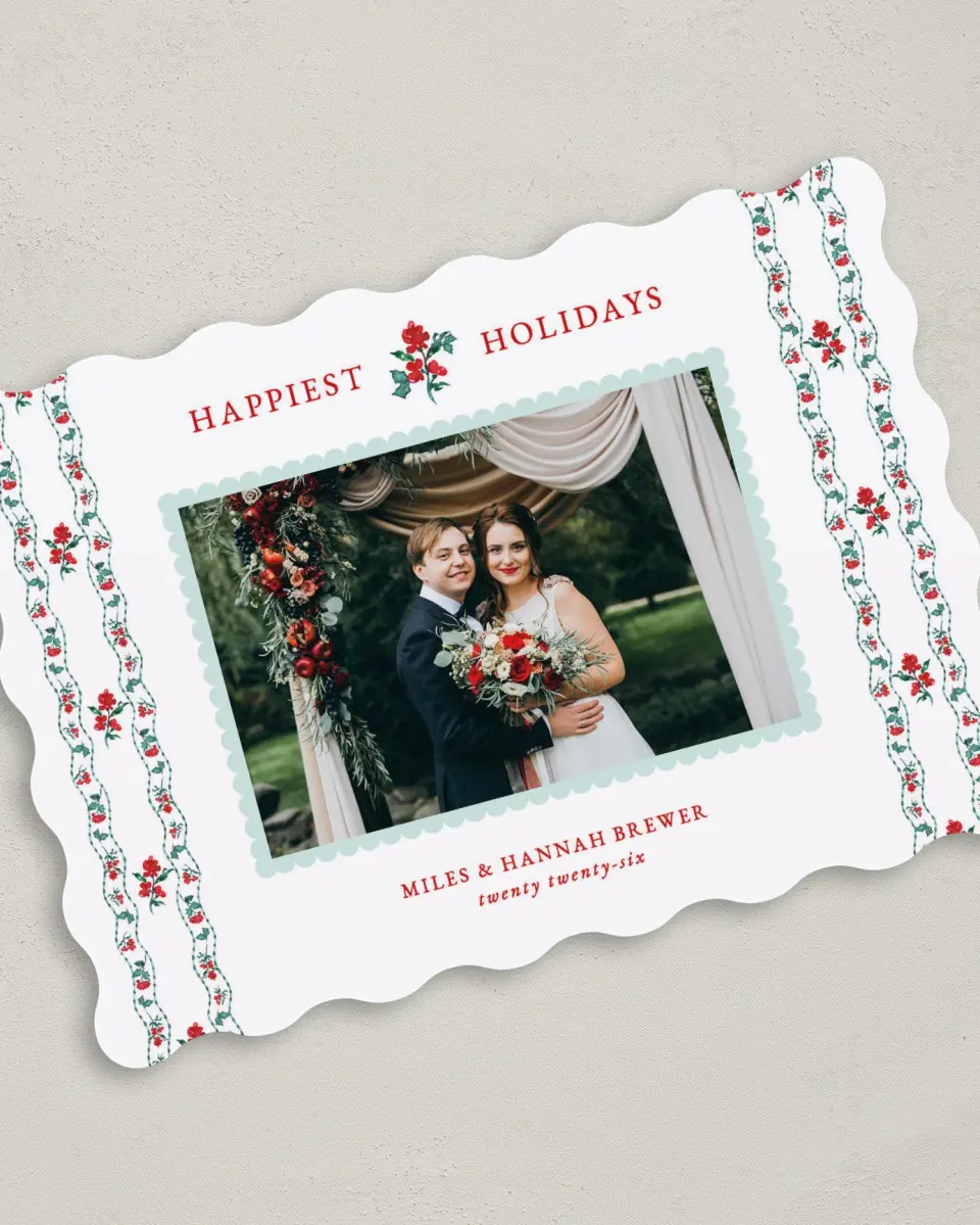 This is a 5" x 7" Christmas Card called Vintage Petals printed in full color with Gold foil on Soft Suede (coated) paper