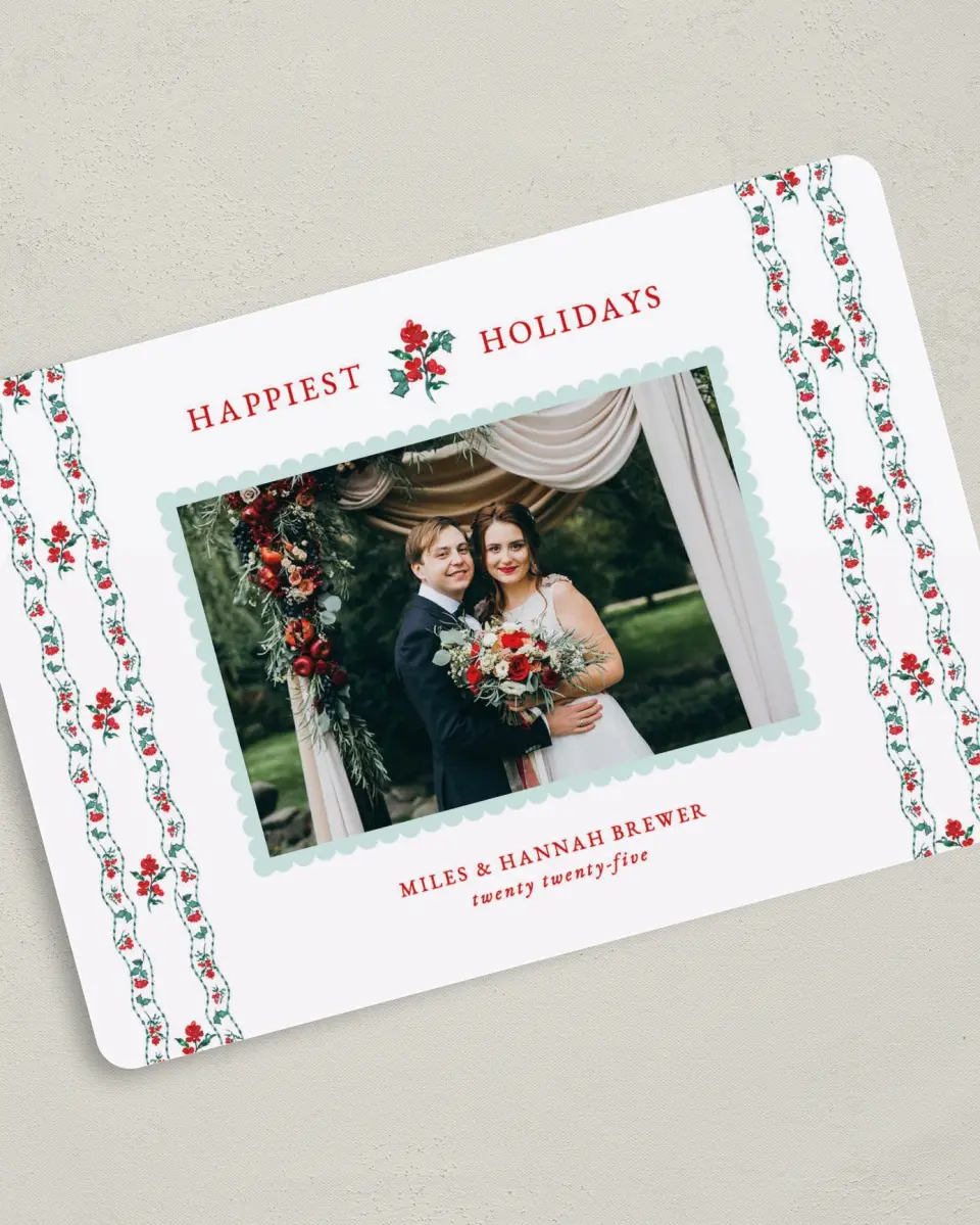 This is a 5" x 7" Christmas Card called Vintage Petals printed in full color with Gold foil on Soft Suede (coated) paper