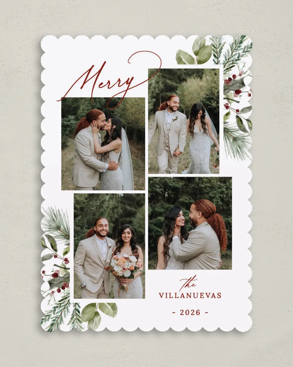This is a 5" x 7" Christmas Card called Joyful Evergreen printed in full color on Premium Smooth paper on Premium Smooth paper on Premium Smooth paper