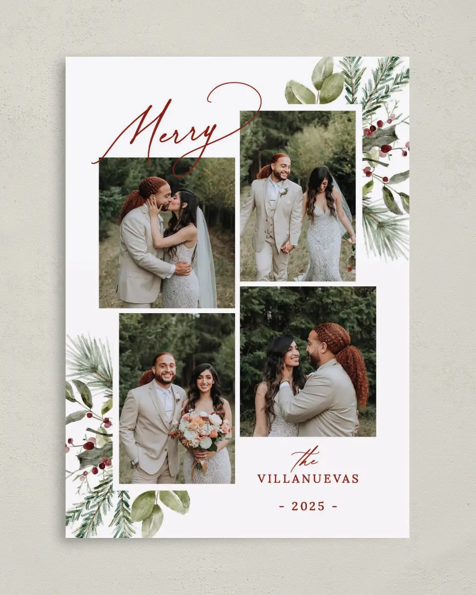 This is a 5" x 7" Christmas Card called Joyful Evergreen printed in full color on Premium Smooth paper