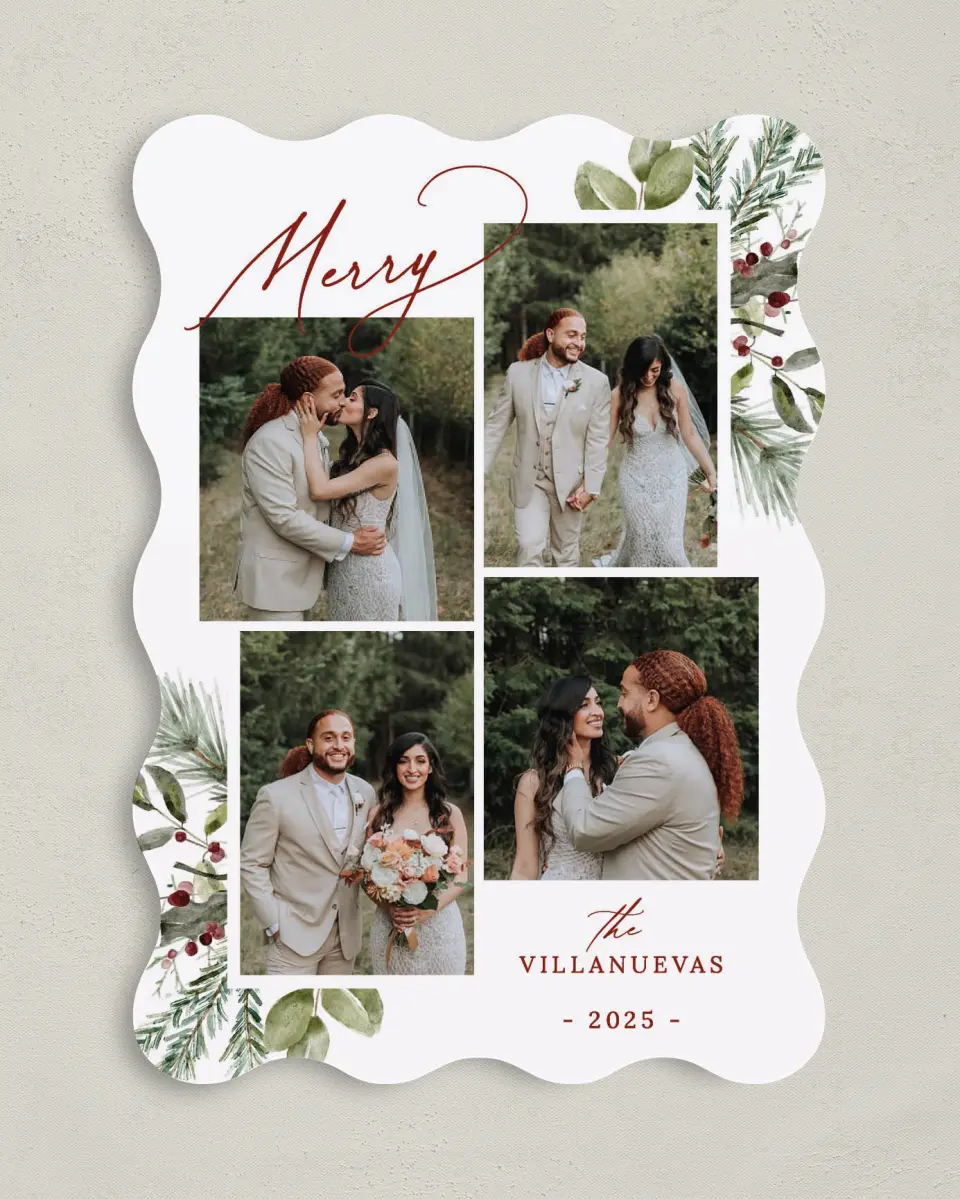 This is a 5" x 7" Christmas Card called Joyful Evergreen printed in full color on Premium Smooth paper